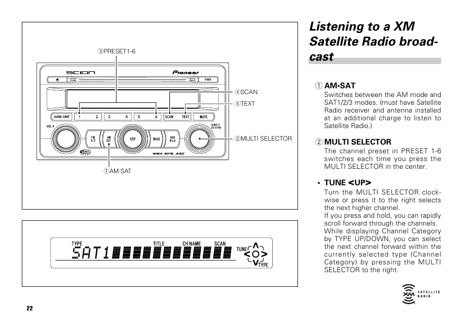 Listening to a xm satellite radio broadcast -23, Listening to a xm satellite radio broad- cast | Scion PT546-00080 User Manual | Page 22 / 40