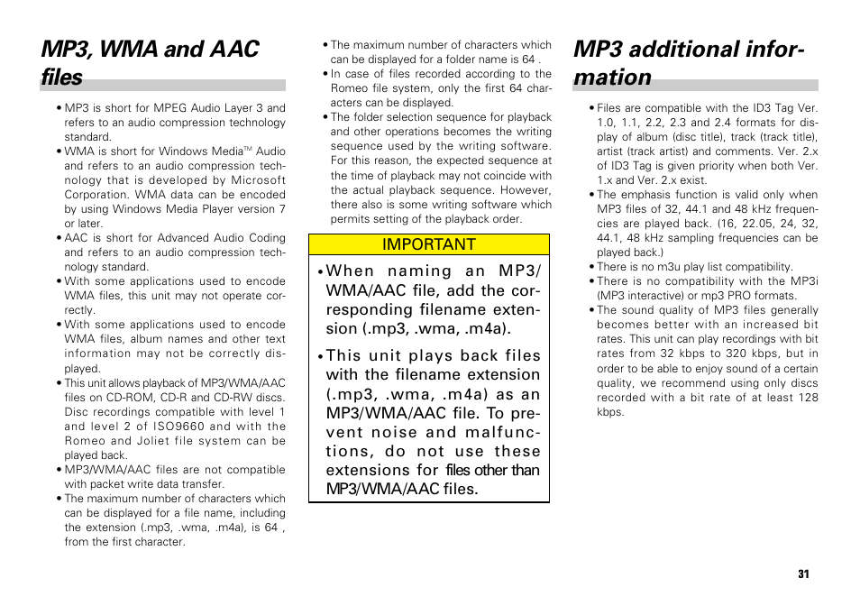 Mp3, wma and aac files mp3 additional information, Mp3, wma and aac files, Mp3 additional infor- mation | Important | Scion PT546-00080 User Manual | Page 31 / 40