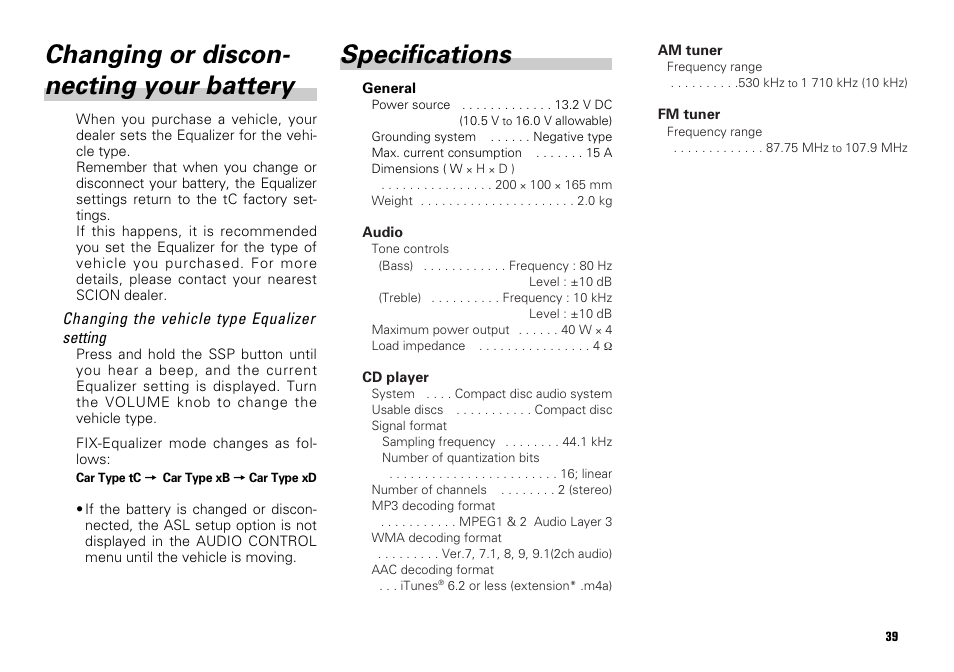 Changing or discon- necting your battery, Specifications | Scion PT546-00080 User Manual | Page 39 / 40