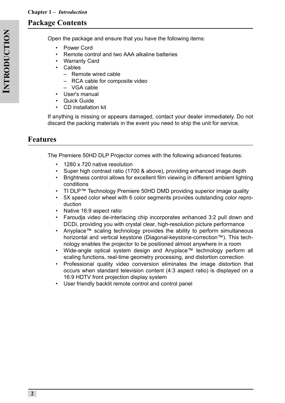 Package contents, Features, Ntr o duction | Silicon Optix 50HD User Manual | Page 11 / 68