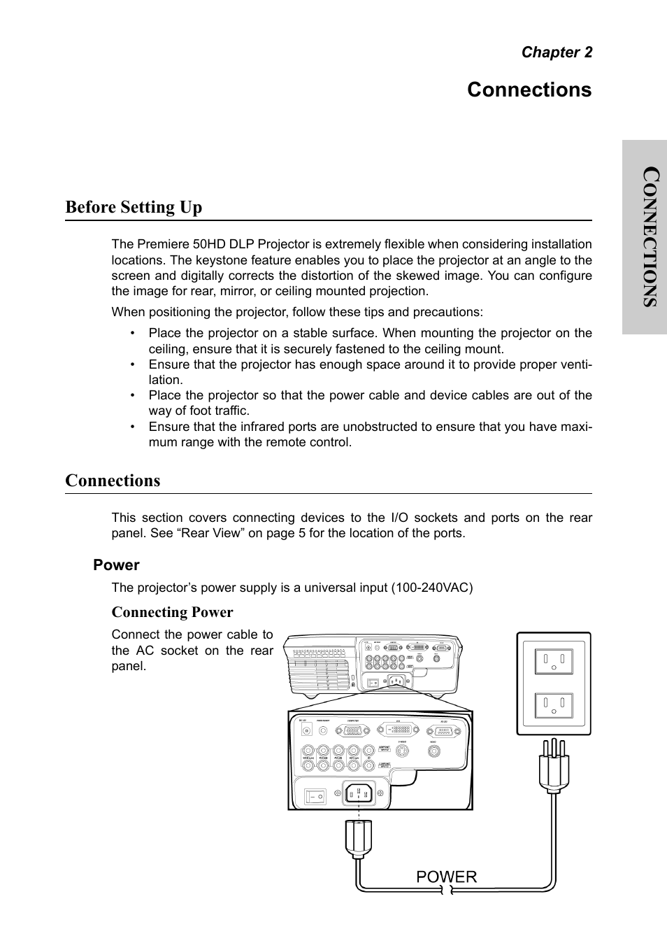 Chapter 2, Connections, Before setting up | Power, Chapter 2 connections, Onnections | Silicon Optix 50HD User Manual | Page 16 / 68