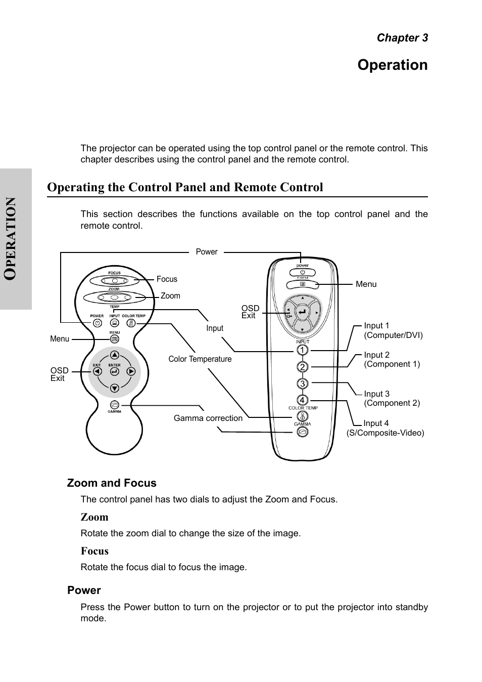 Chapter 3, Operation, Operating the control panel and remote control | Zoom and focus, Power, Chapter 3 operation, Zoom and focus power, Peration | Silicon Optix 50HD User Manual | Page 23 / 68