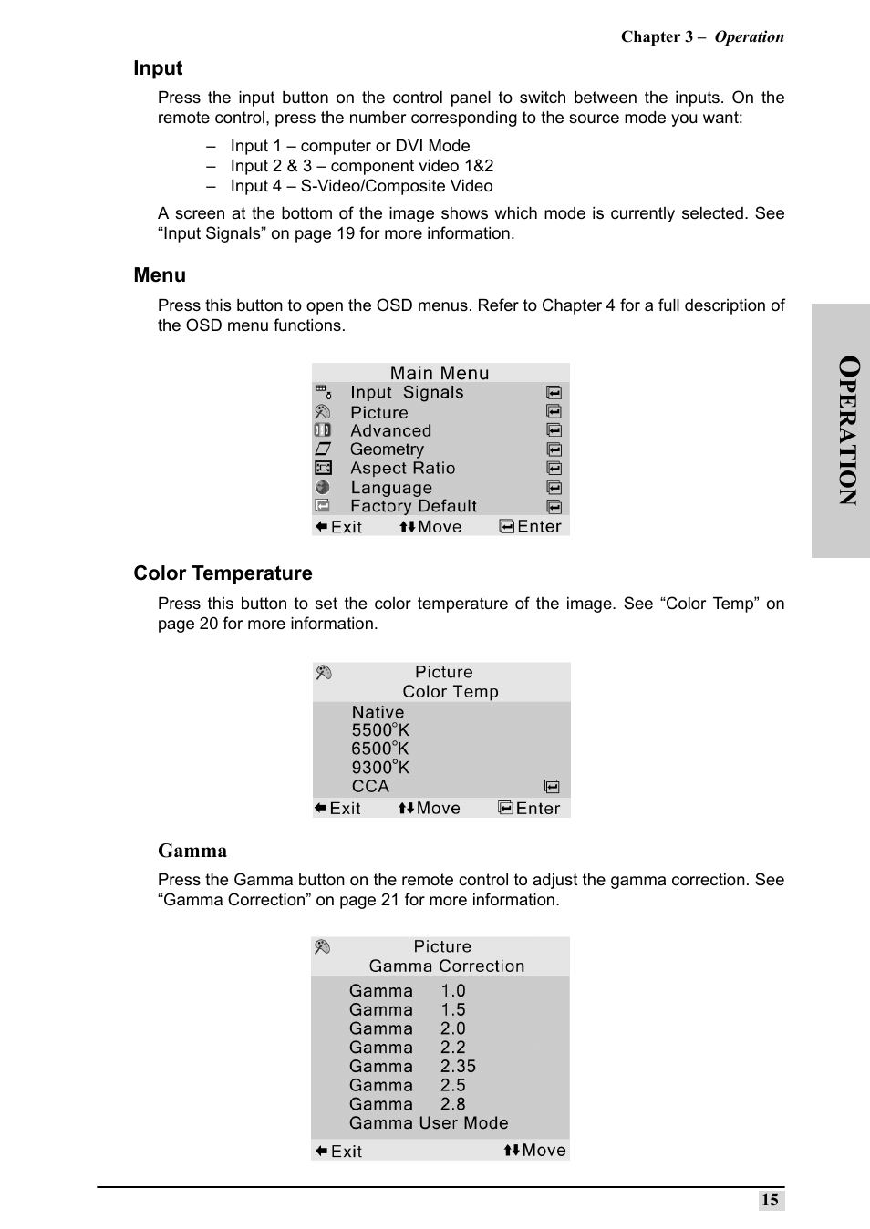 Input, Menu, Color temperature | Input menu color temperature, Pera tion | Silicon Optix 50HD User Manual | Page 24 / 68