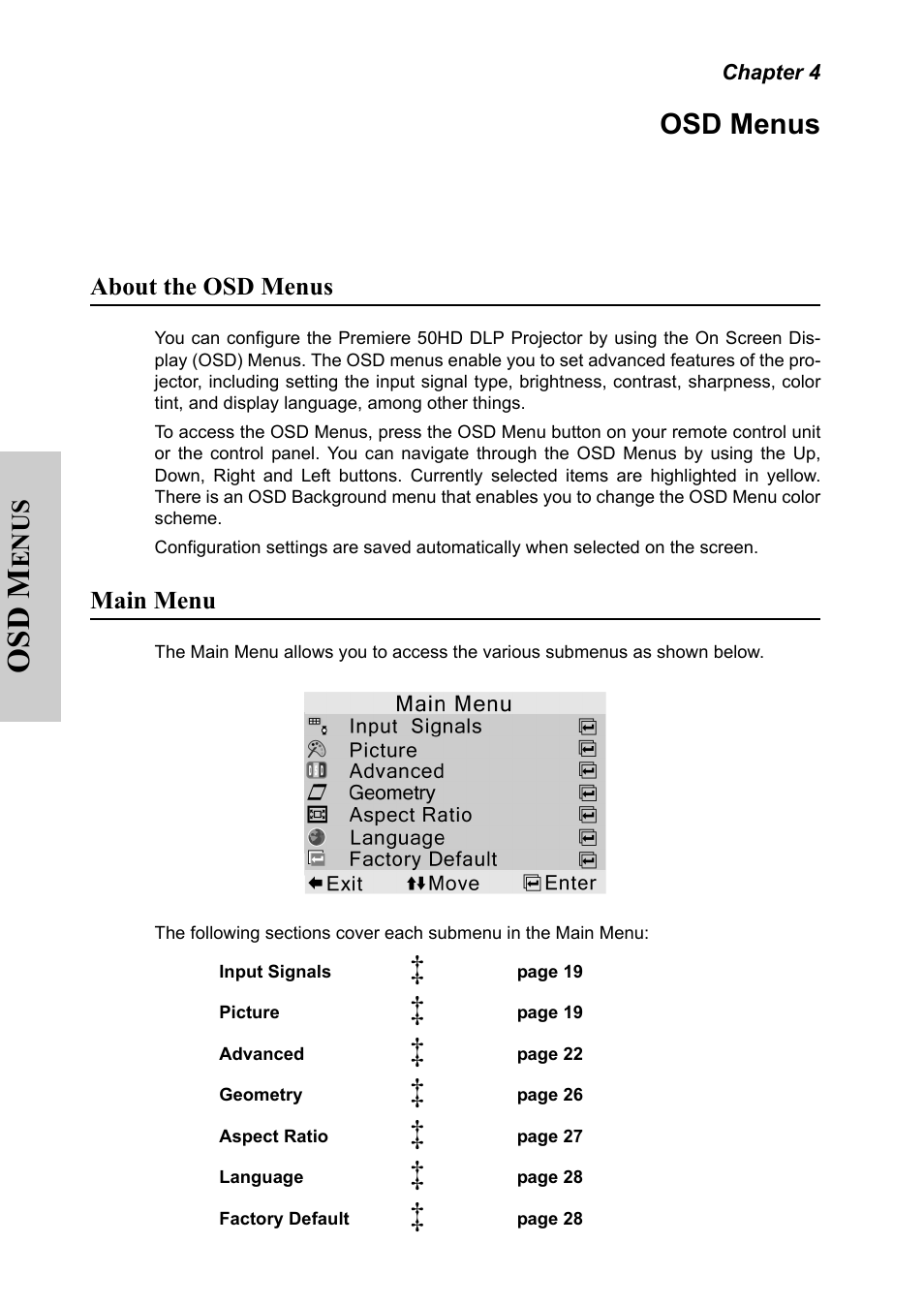Chapter 4, Osd menus, About the osd menus | Main menu, Chapter 4 osd menus, Osd m | Silicon Optix 50HD User Manual | Page 27 / 68