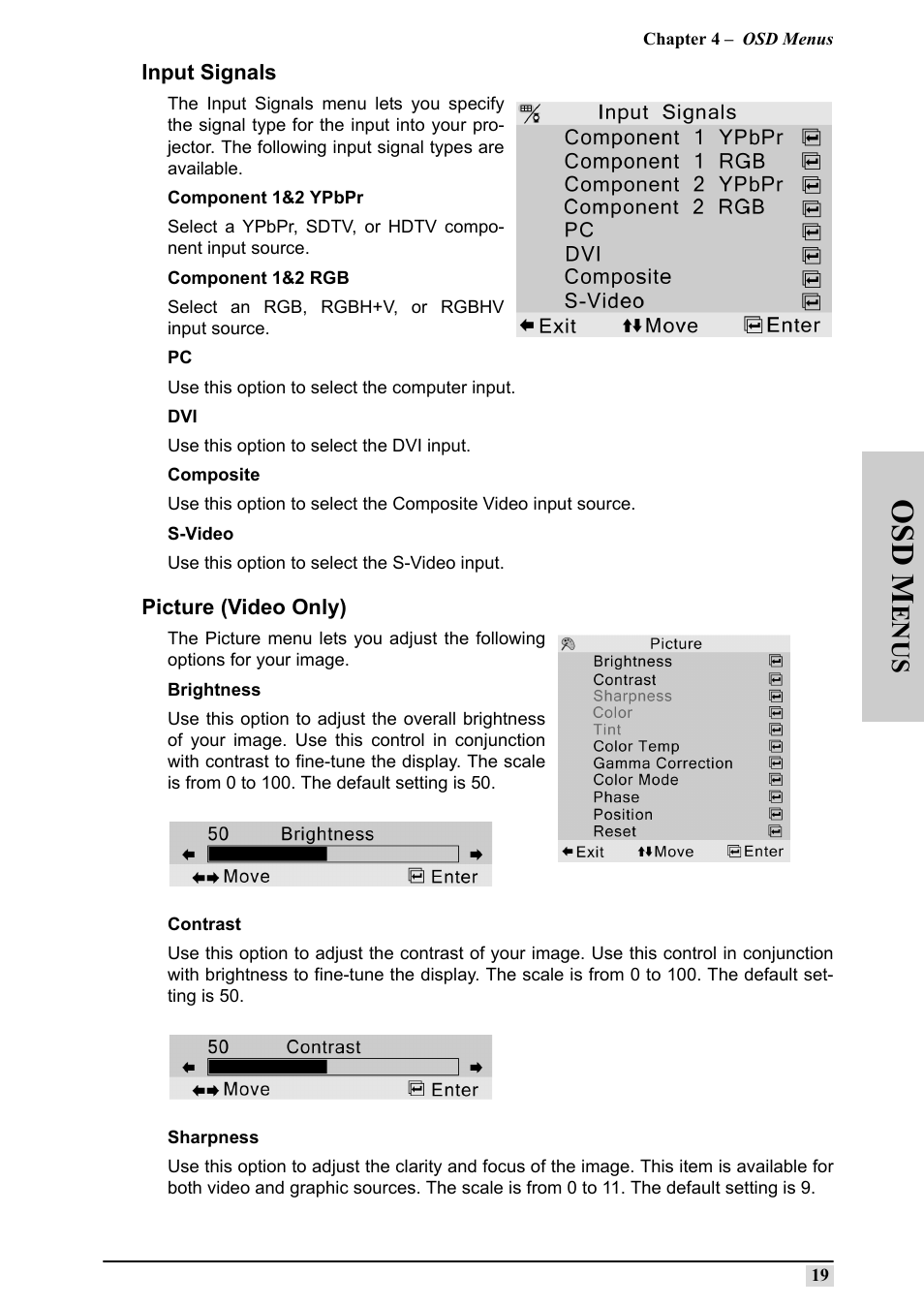 Input signals, Picture (video only), Input signals picture (video only) | Osd m, En us | Silicon Optix 50HD User Manual | Page 28 / 68