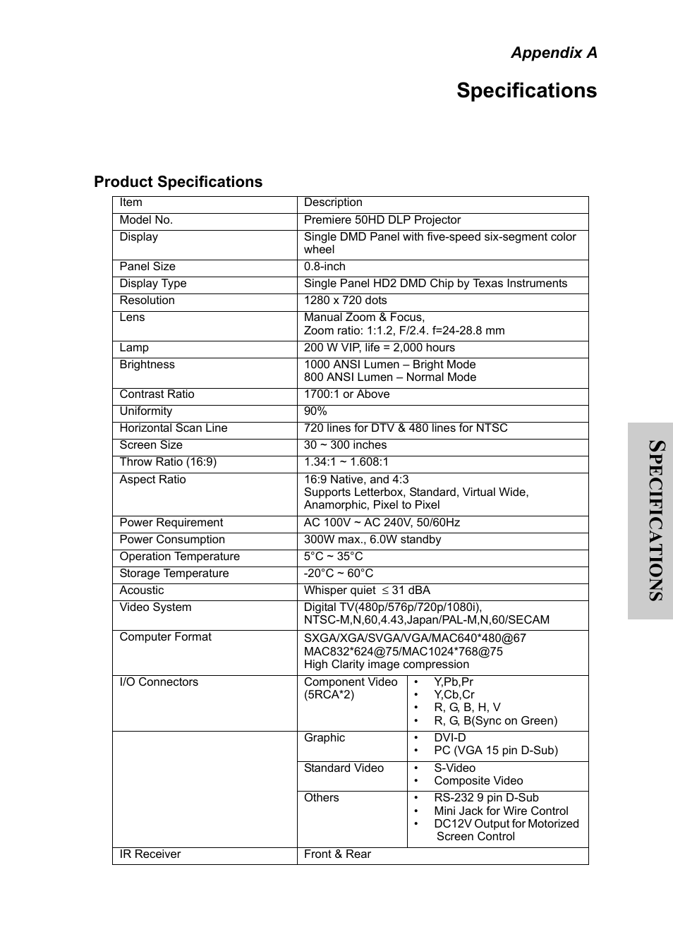 Appendix a, Specifications, Product specifications | Appendix a specifications, Pecifications | Silicon Optix 50HD User Manual | Page 38 / 68