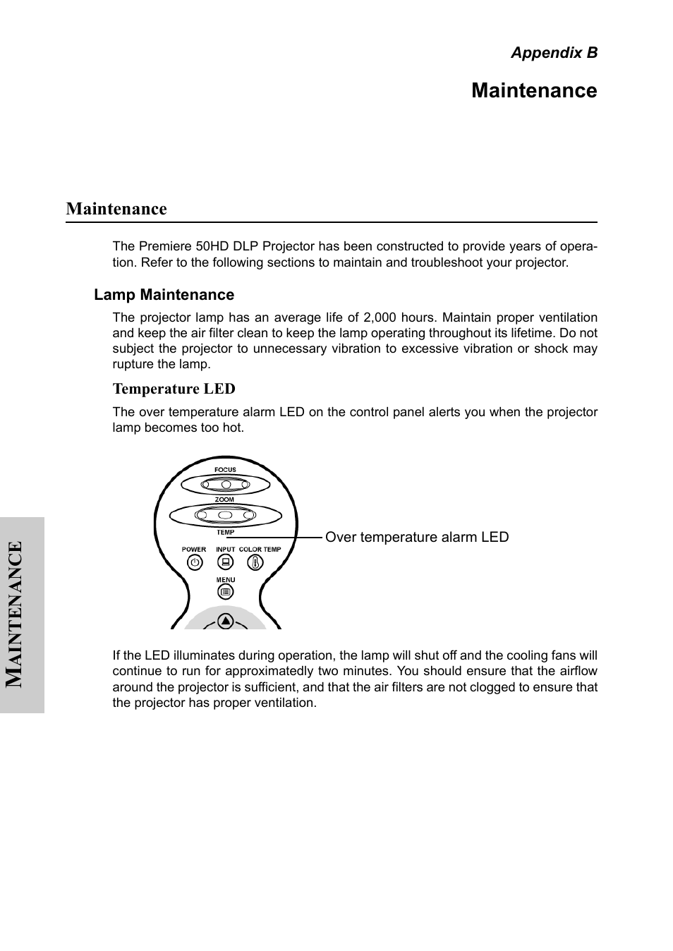 Appendix b, Maintenance, Lamp maintenance | Appendix b maintenance | Silicon Optix 50HD User Manual | Page 39 / 68