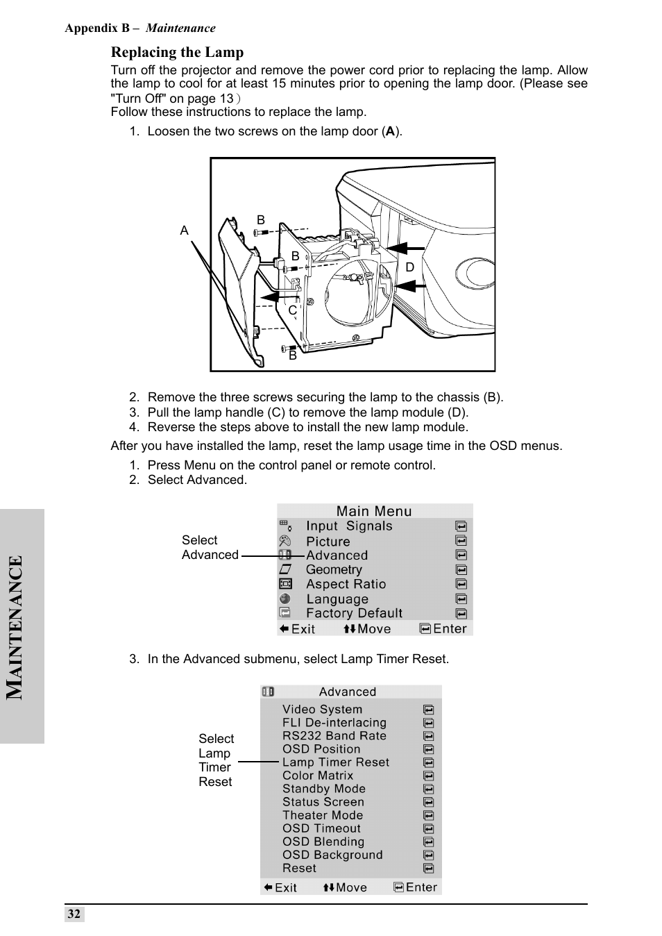 Loosen the two screws on the lamp door (a), Press menu on the control panel or remote control, Select advanced | In the advanced submenu, select lamp timer reset, Aintenance | Silicon Optix 50HD User Manual | Page 41 / 68