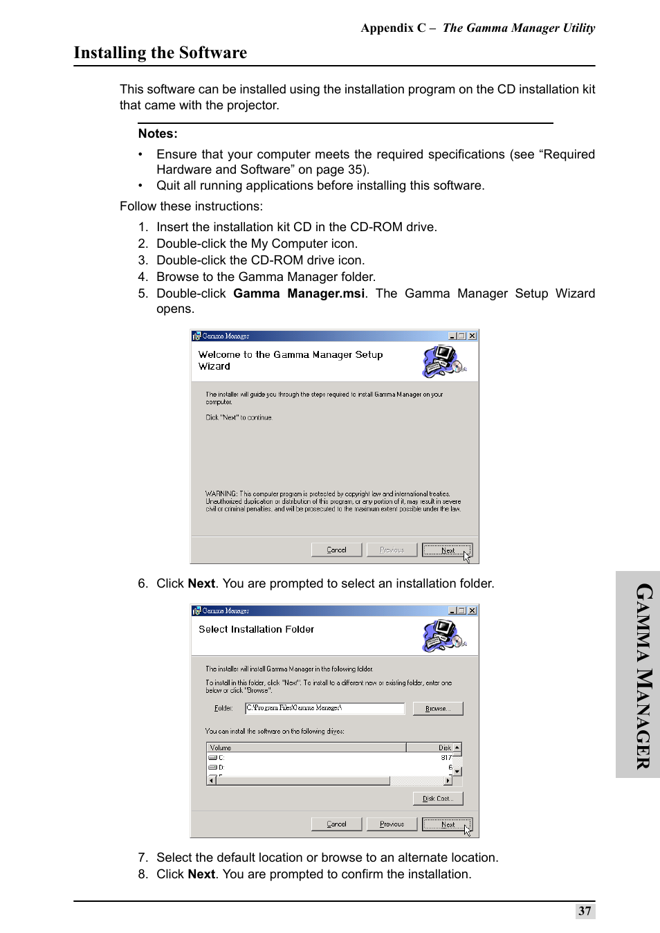 Installing the software, Insert the installation kit cd in the cd-rom drive, Double-click the my computer icon | Double-click the cd-rom drive icon, Browse to the gamma manager folder, Amma, Anager | Silicon Optix 50HD User Manual | Page 46 / 68