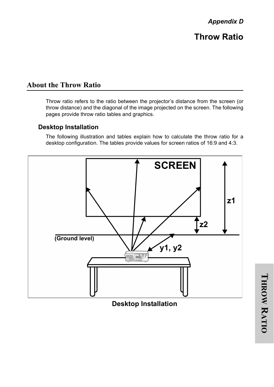 Appendix d, Throw ratio, About the throw ratio | Desktop installation, Appendix d throw ratio, Screen | Silicon Optix 50HD User Manual | Page 56 / 68
