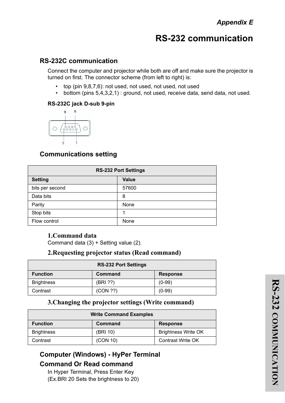 Appendix e, Rs-232 communication, Rs-232c communication | Communications setting, Computer (windows) - hyper terminal, Command or read command, Appendix e rs-232 communication, Rs-232, Communication | Silicon Optix 50HD User Manual | Page 62 / 68