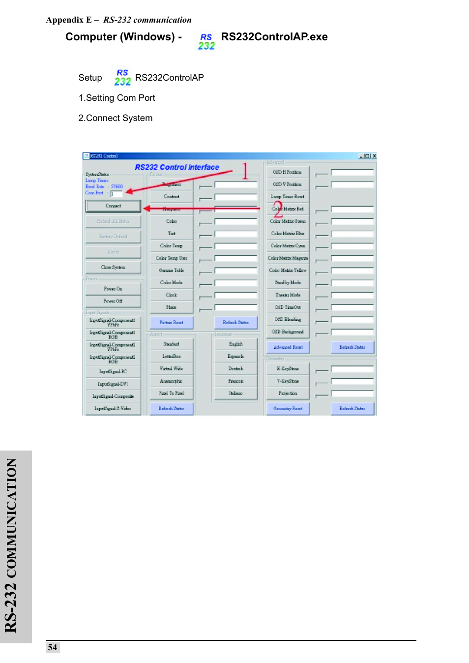 Computer (windows) - rs232controlap.exe, Rs-232, Communication | Silicon Optix 50HD User Manual | Page 63 / 68