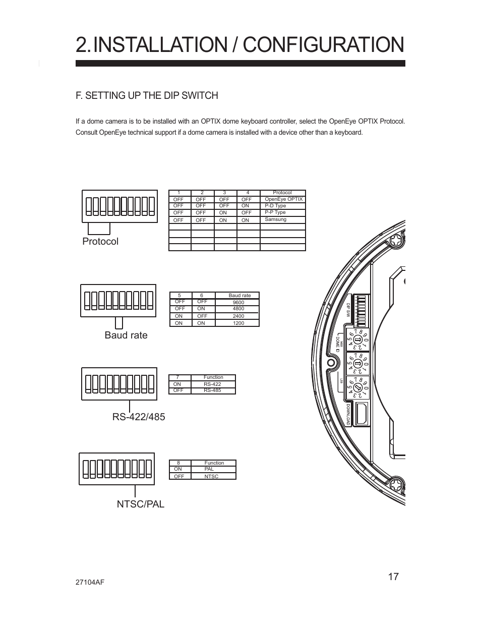 Installation / configuration, F. setting up the dip switch, Protocol | Silicon Optix Open Eye Pro-Pack Dome Camera CM-525P User Manual | Page 17 / 56