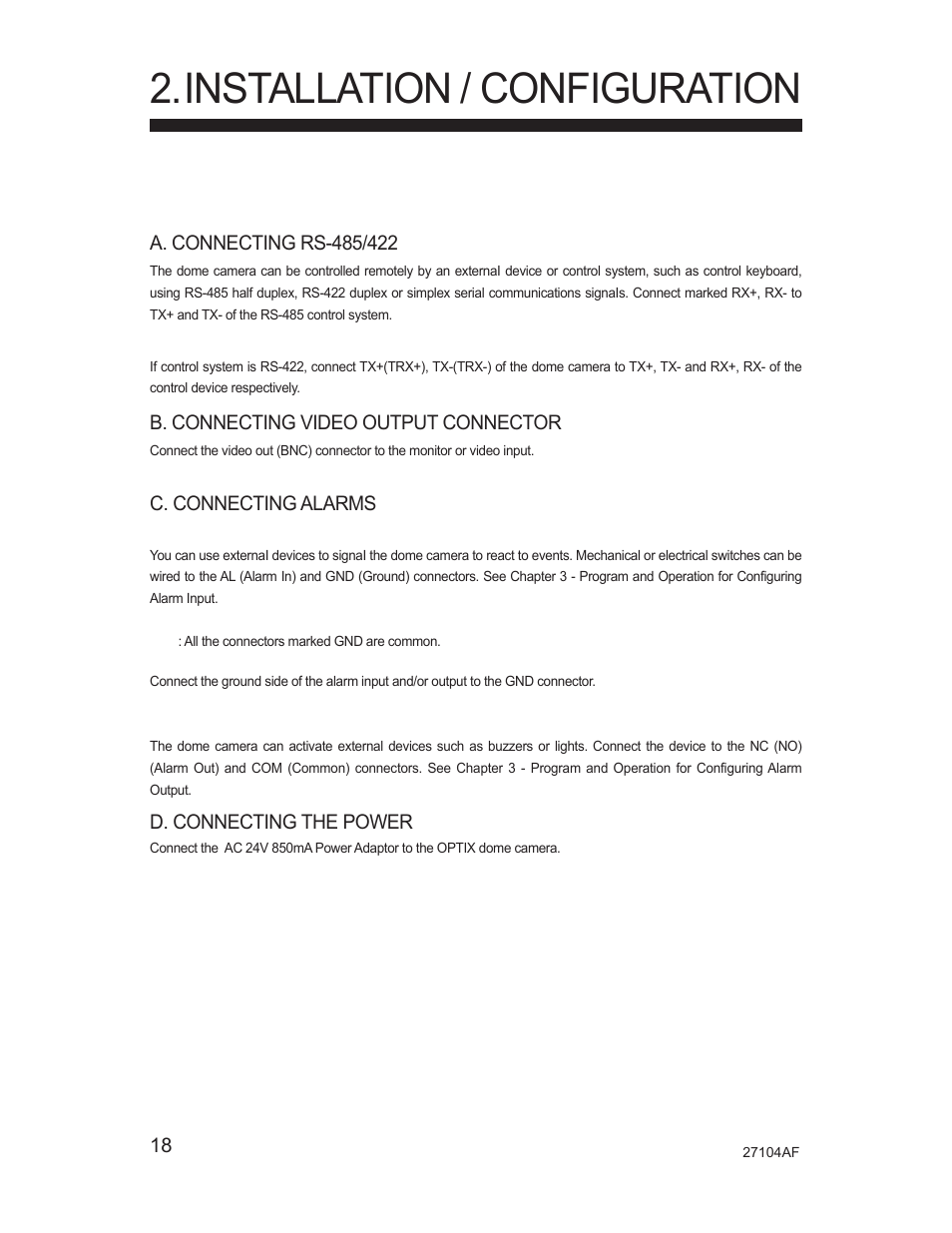 Installation / configuration, 2 connecting wiring | Silicon Optix Open Eye Pro-Pack Dome Camera CM-525P User Manual | Page 18 / 56
