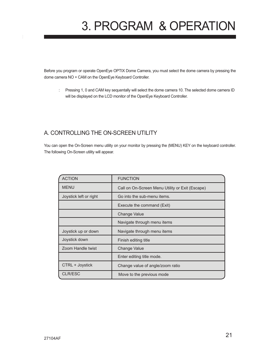 Program & operation, 1 getting started, 2 accessing on-screen menu utility | A. controlling the on-screen utility | Silicon Optix Open Eye Pro-Pack Dome Camera CM-525P User Manual | Page 21 / 56