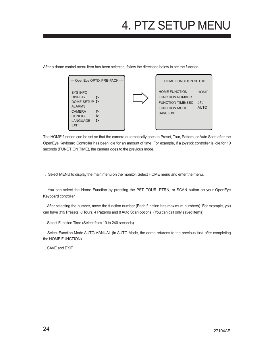 Ptz setup menu, 1 home | Silicon Optix Open Eye Pro-Pack Dome Camera CM-525P User Manual | Page 24 / 56