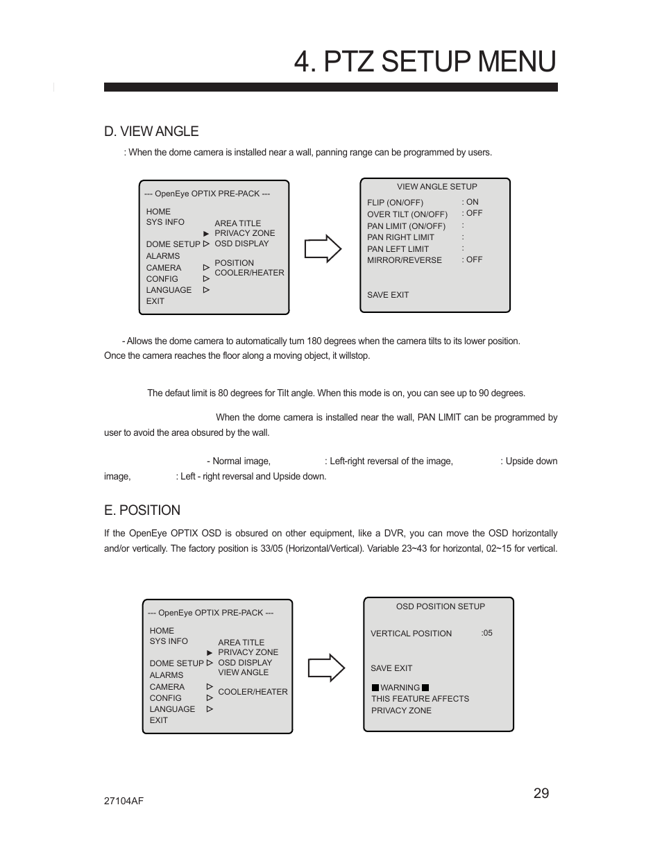 Ptz setup menu, 29 d. view angle, E. position | Silicon Optix Open Eye Pro-Pack Dome Camera CM-525P User Manual | Page 29 / 56