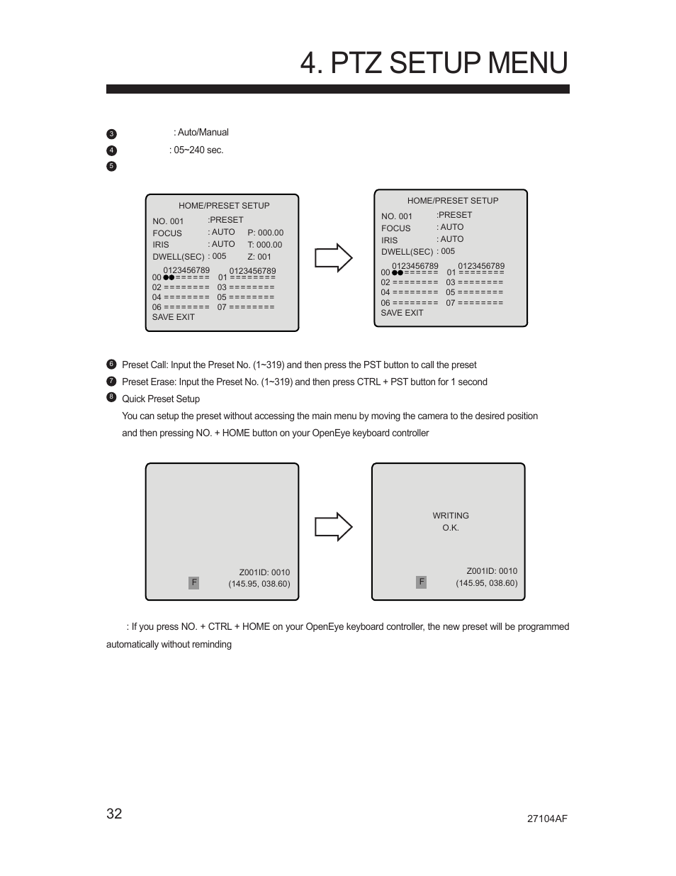 Ptz setup menu | Silicon Optix Open Eye Pro-Pack Dome Camera CM-525P User Manual | Page 32 / 56