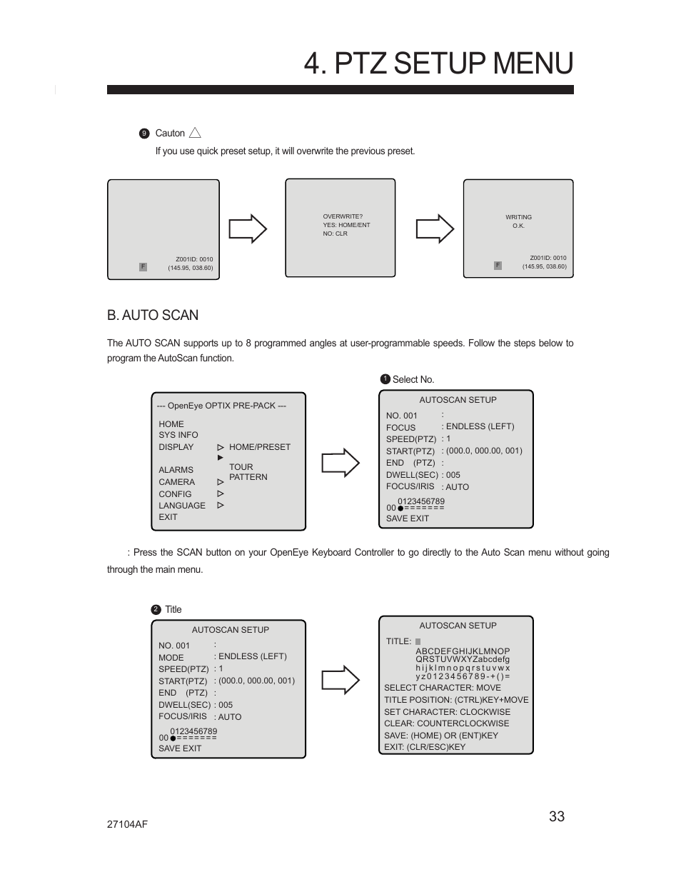 Ptz setup menu, B. auto scan | Silicon Optix Open Eye Pro-Pack Dome Camera CM-525P User Manual | Page 33 / 56