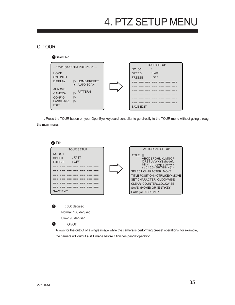 Ptz setup menu, 35 c. tour | Silicon Optix Open Eye Pro-Pack Dome Camera CM-525P User Manual | Page 35 / 56