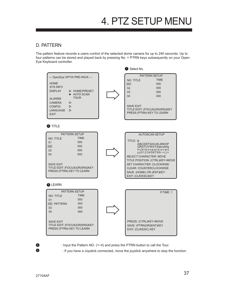 Ptz setup menu, D. pattern | Silicon Optix Open Eye Pro-Pack Dome Camera CM-525P User Manual | Page 37 / 56