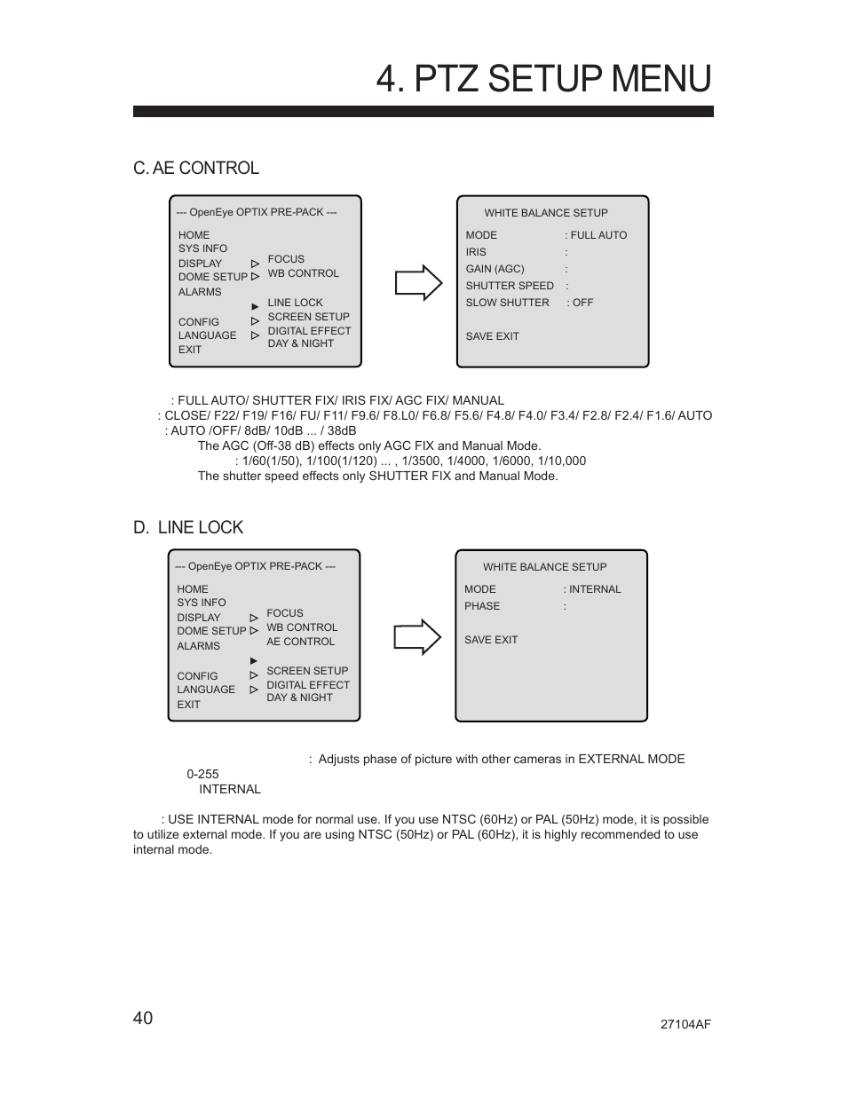 Ptz setup menu, 40 c. ae control, D. line lock | Silicon Optix Open Eye Pro-Pack Dome Camera CM-525P User Manual | Page 40 / 56