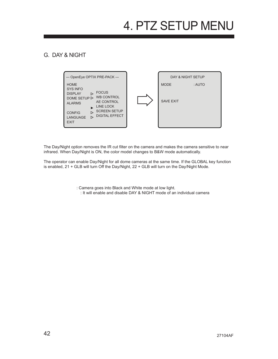 Ptz setup menu, 42 g. day & night | Silicon Optix Open Eye Pro-Pack Dome Camera CM-525P User Manual | Page 42 / 56