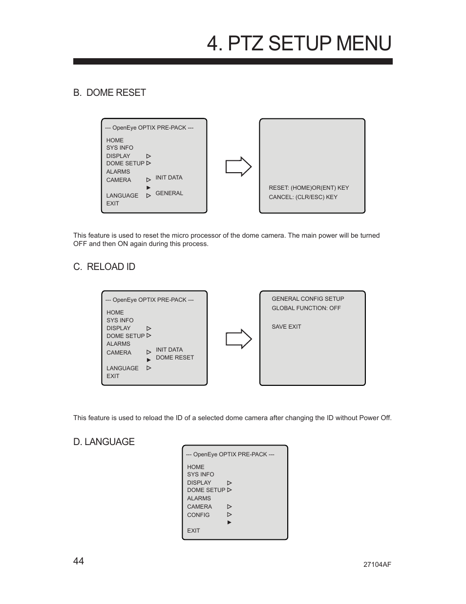 Ptz setup menu, 44 b. dome reset, C. reload id | D. language | Silicon Optix Open Eye Pro-Pack Dome Camera CM-525P User Manual | Page 44 / 56