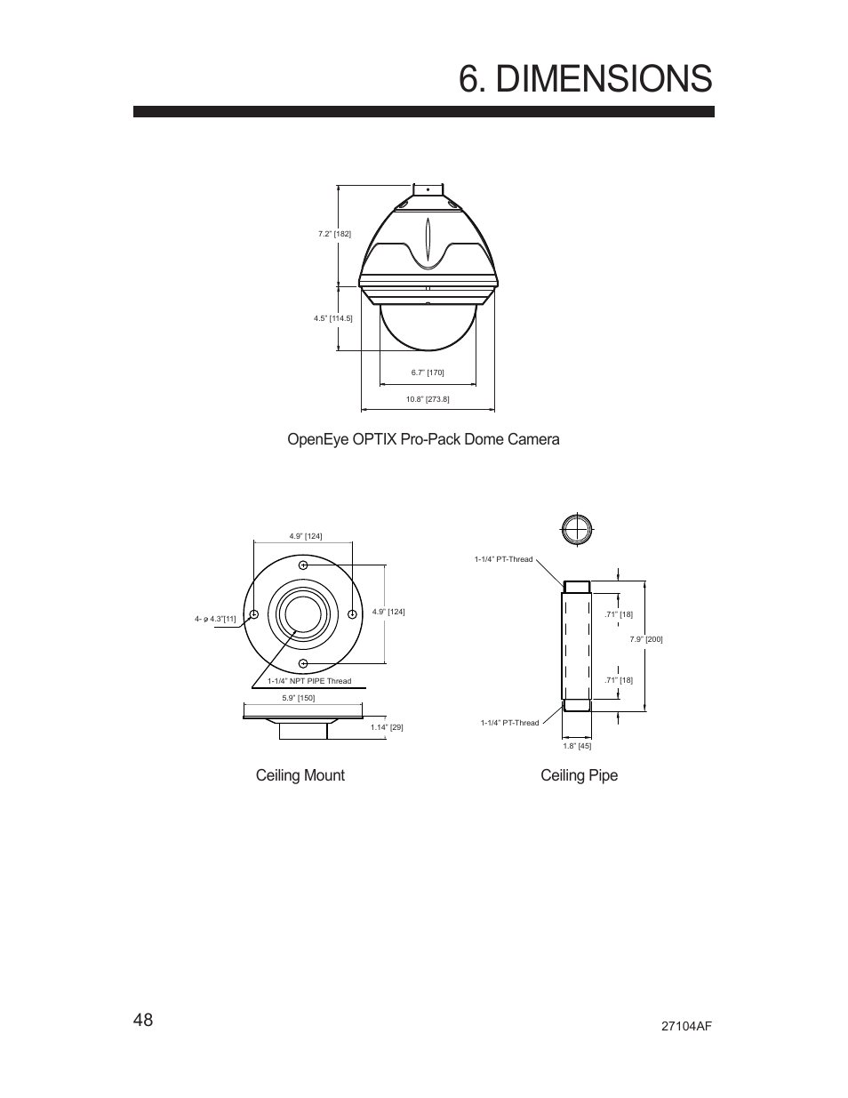 Dimensions, Openeye optix pro-pack dome camera ceiling pipe, Ceiling mount | Silicon Optix Open Eye Pro-Pack Dome Camera CM-525P User Manual | Page 48 / 56