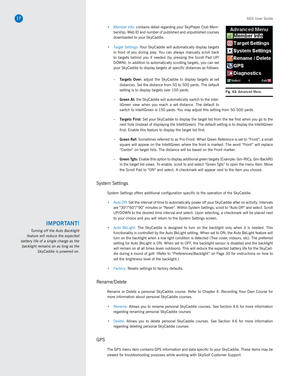 Important | SkyGolf SkyCaddie SG5 User Manual | Page 17 / 22