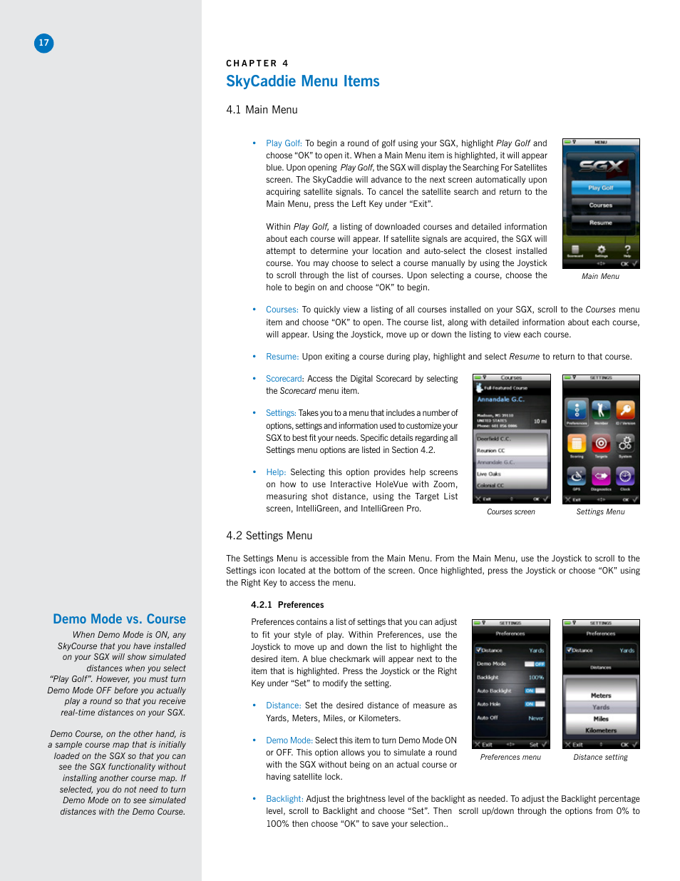 Skycaddie menu items, Demo mode vs. course | SkyGolf SkyCaddie SGX User Manual | Page 17 / 26