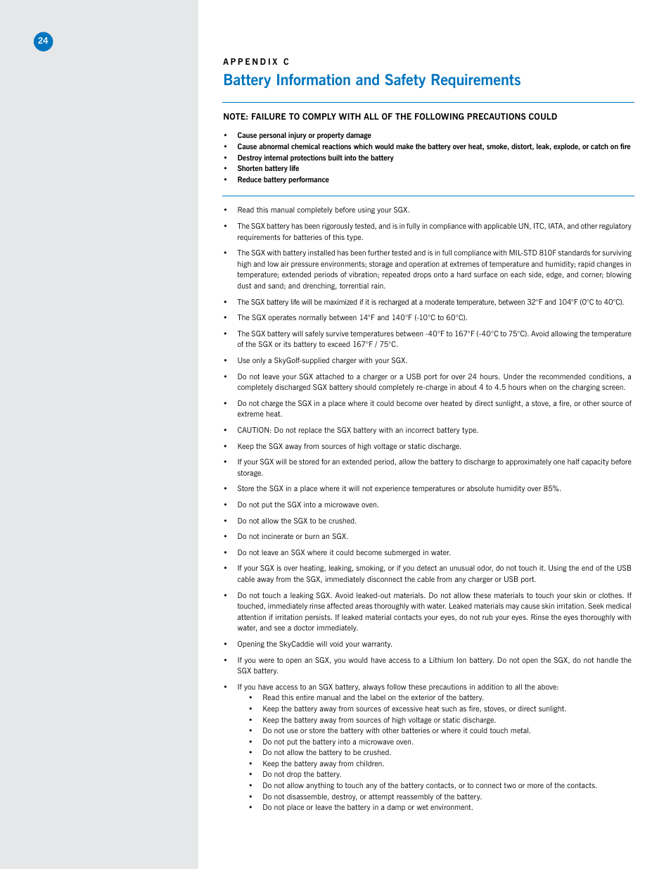 Battery information and safety requirements | SkyGolf SkyCaddie SGX User Manual | Page 24 / 26