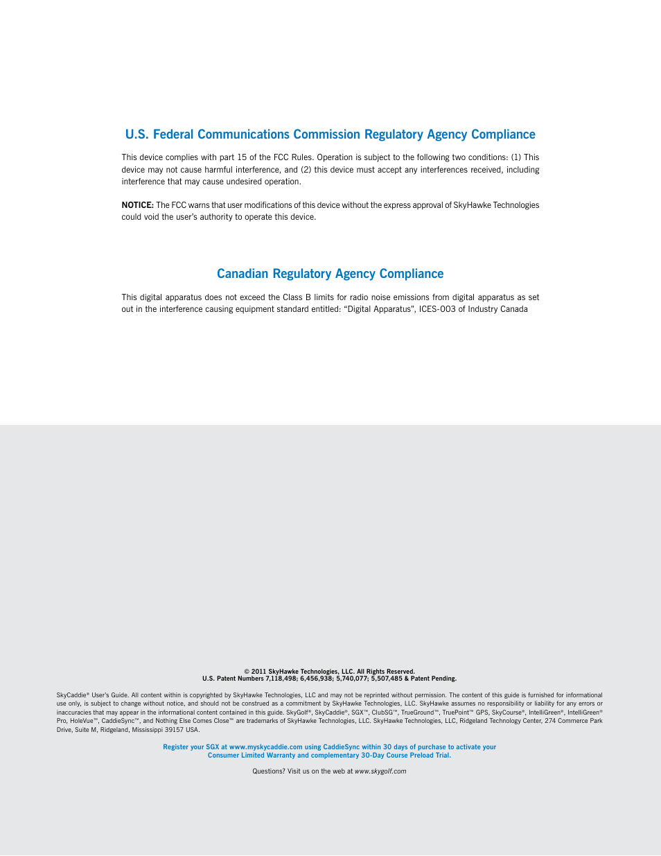 Canadian regulatory agency compliance | SkyGolf SkyCaddie SGX User Manual | Page 26 / 26