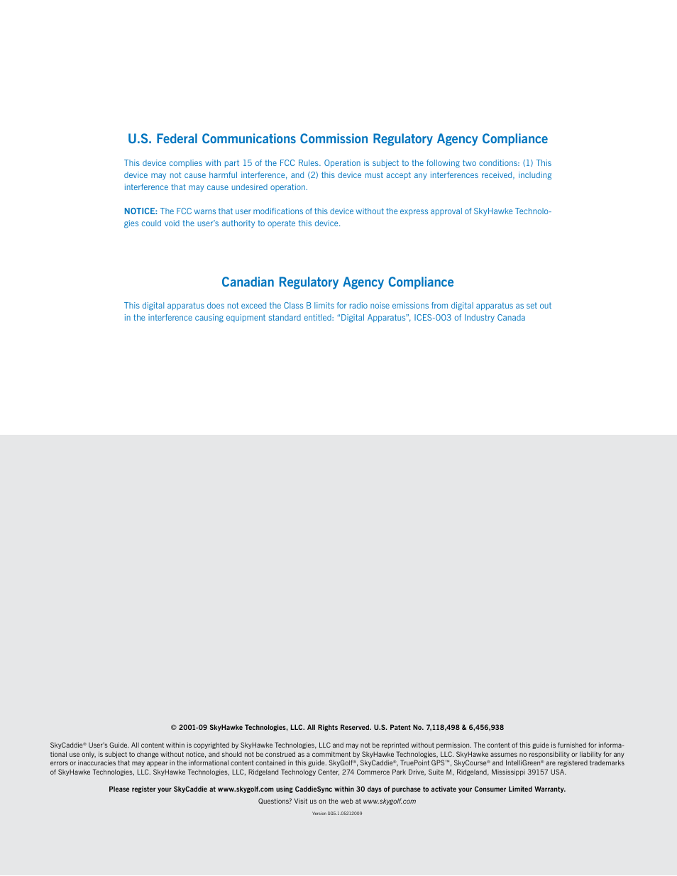 Canadian regulatory agency compliance | SkyGolf SkyCaddie SG3.5 User Manual | Page 22 / 22