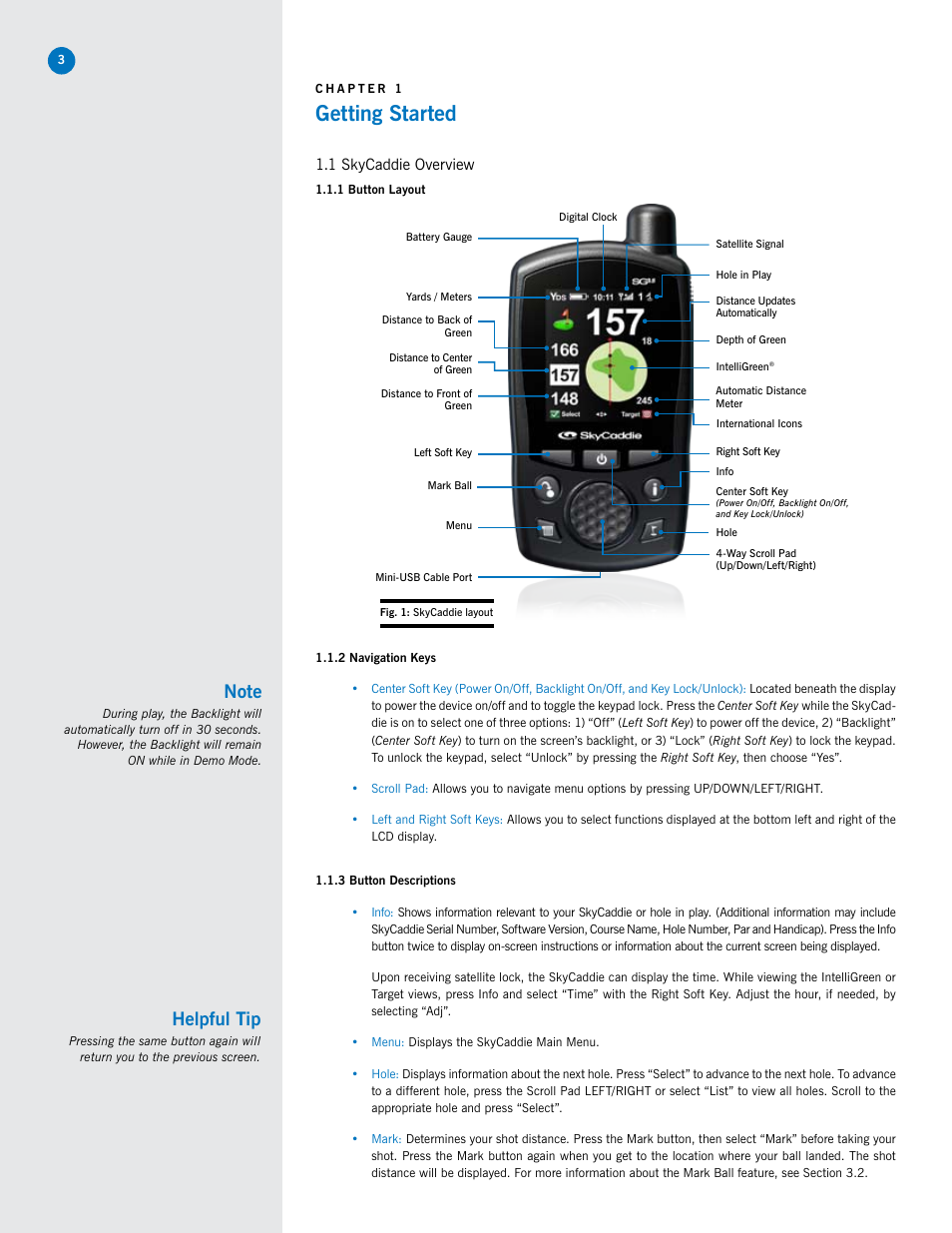 Getting started, Helpful tip, 1 skycaddie overview | SkyGolf SkyCaddie SG3.5 User Manual | Page 3 / 22