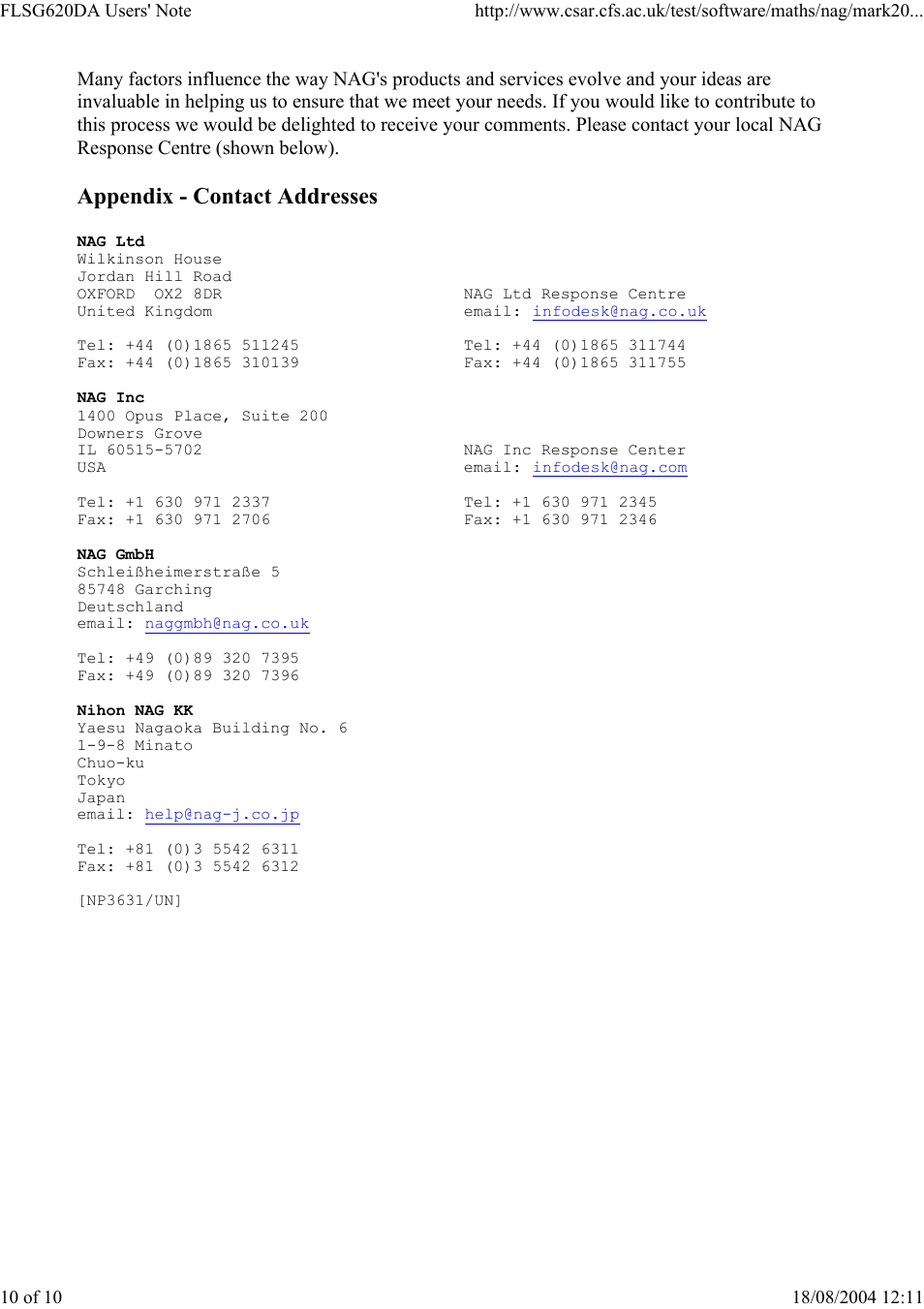 Appendix - contact addresses | Silicon Power Computer & comm SILICON GRAPHICS (IRIX 6) DOUBLE PRECISION FLSG620DA User Manual | Page 10 / 10