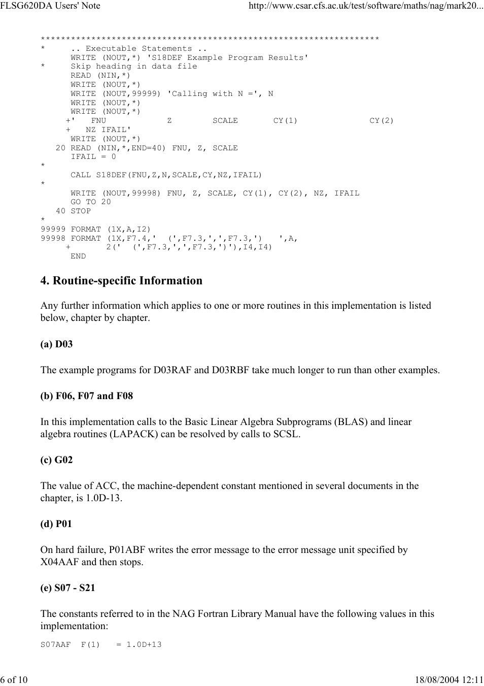 Routine-specific information | Silicon Power Computer & comm SILICON GRAPHICS (IRIX 6) DOUBLE PRECISION FLSG620DA User Manual | Page 6 / 10