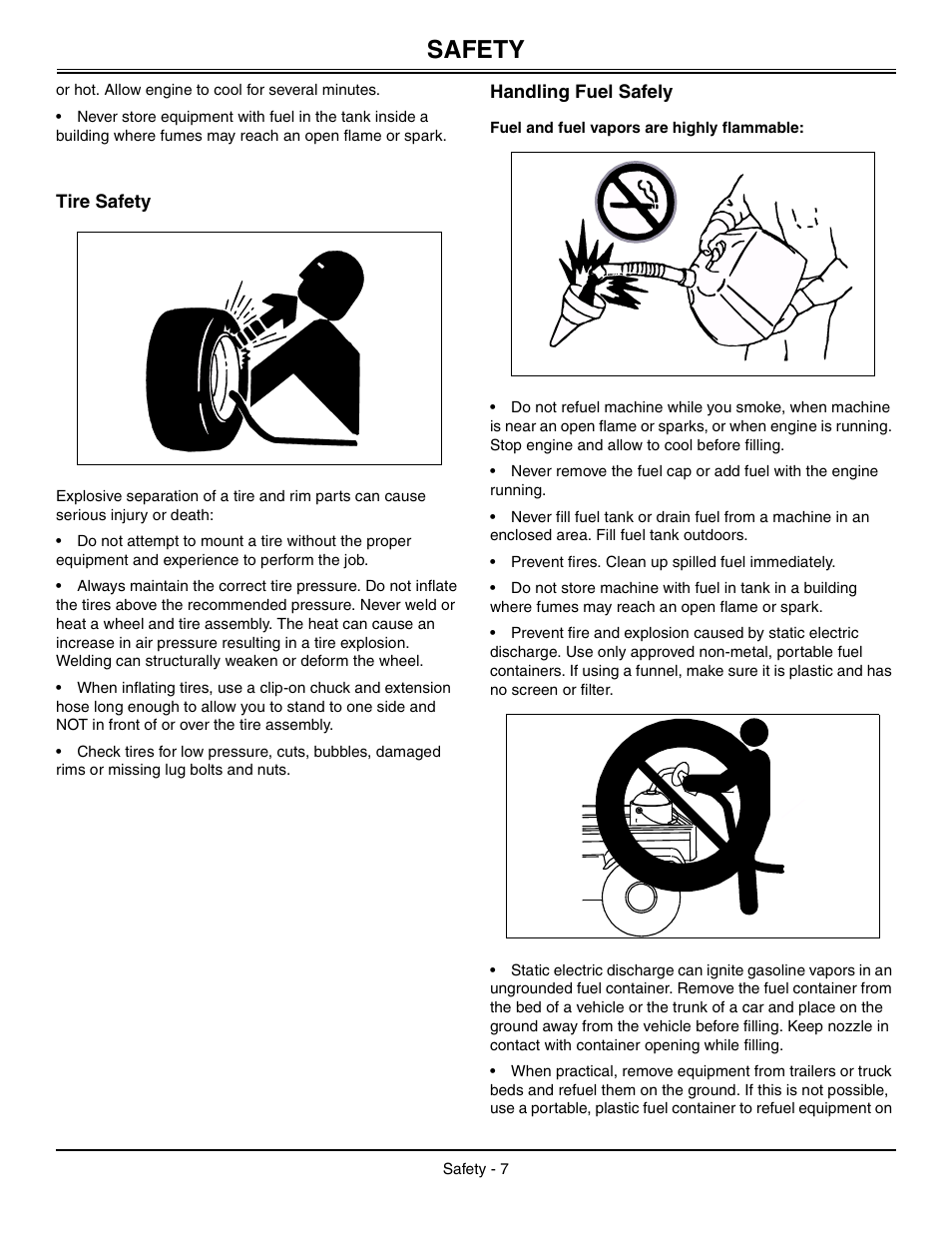 Tire safety, Handling fuel safely, Fuel and fuel vapors are highly flammable | Safety | Sabo 108-17 HS User Manual | Page 11 / 64