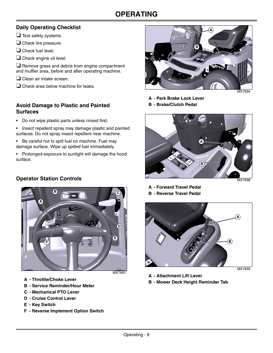 Operating, Daily operating checklist, Avoid damage to plastic and painted surfaces | Operator station controls | Sabo 108-17 HS User Manual | Page 13 / 64