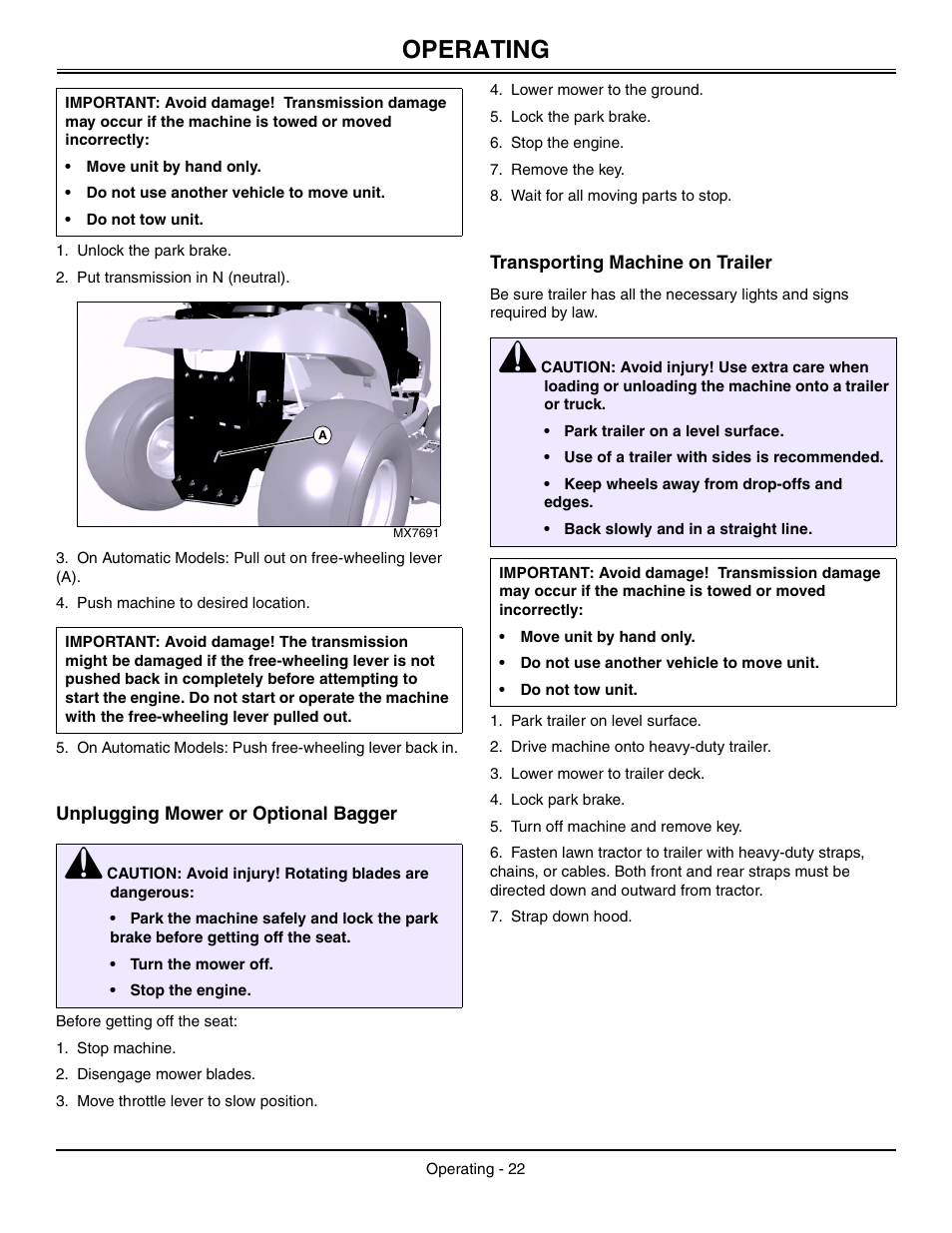 Unplugging mower or optional bagger, Transporting machine on trailer, Operating | Sabo 108-17 HS User Manual | Page 26 / 64