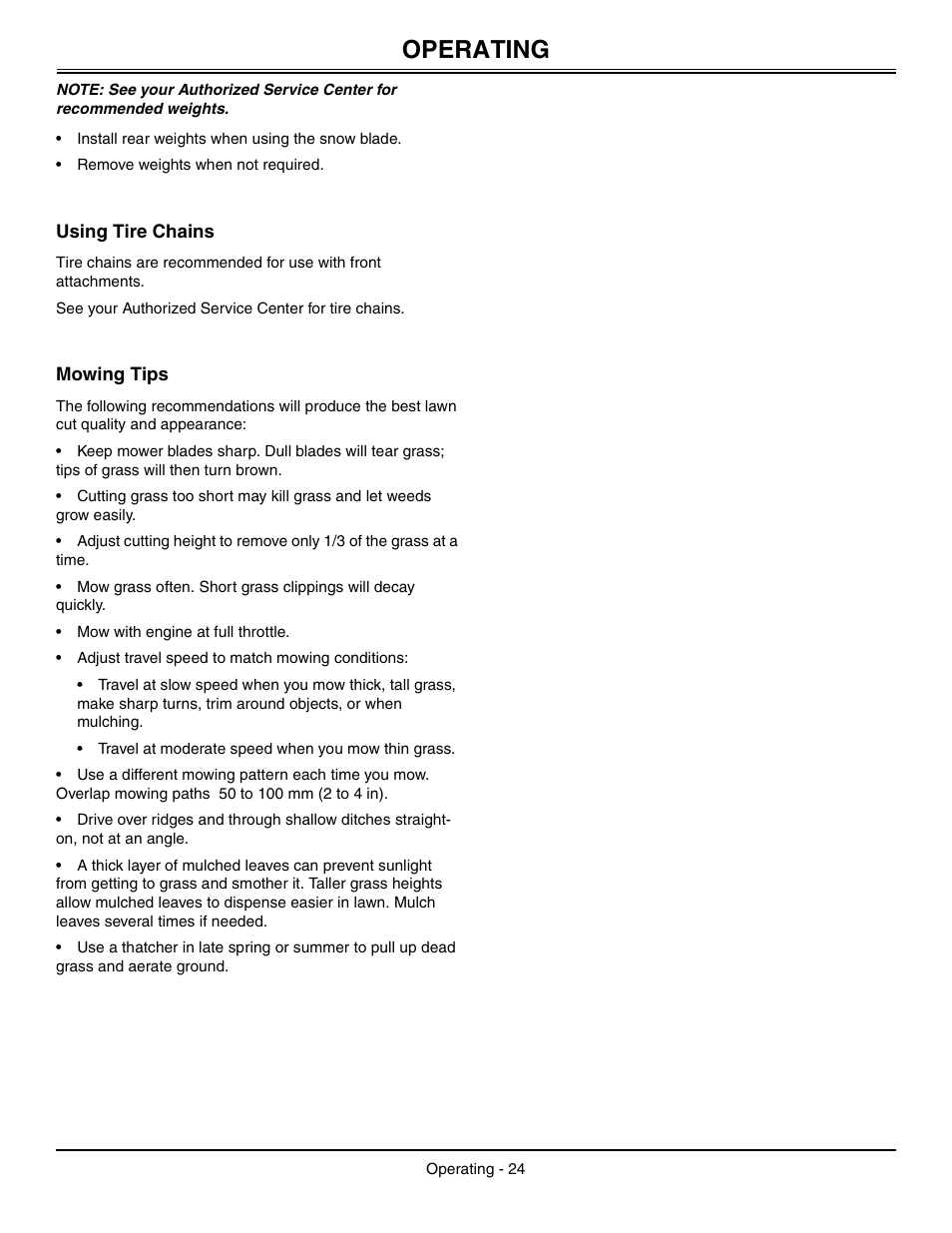 Using tire chains, Mowing tips, Operating | Sabo 108-17 HS User Manual | Page 28 / 64