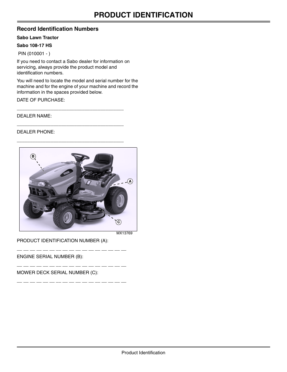 Product identification, Record identification numbers | Sabo 108-17 HS User Manual | Page 3 / 64