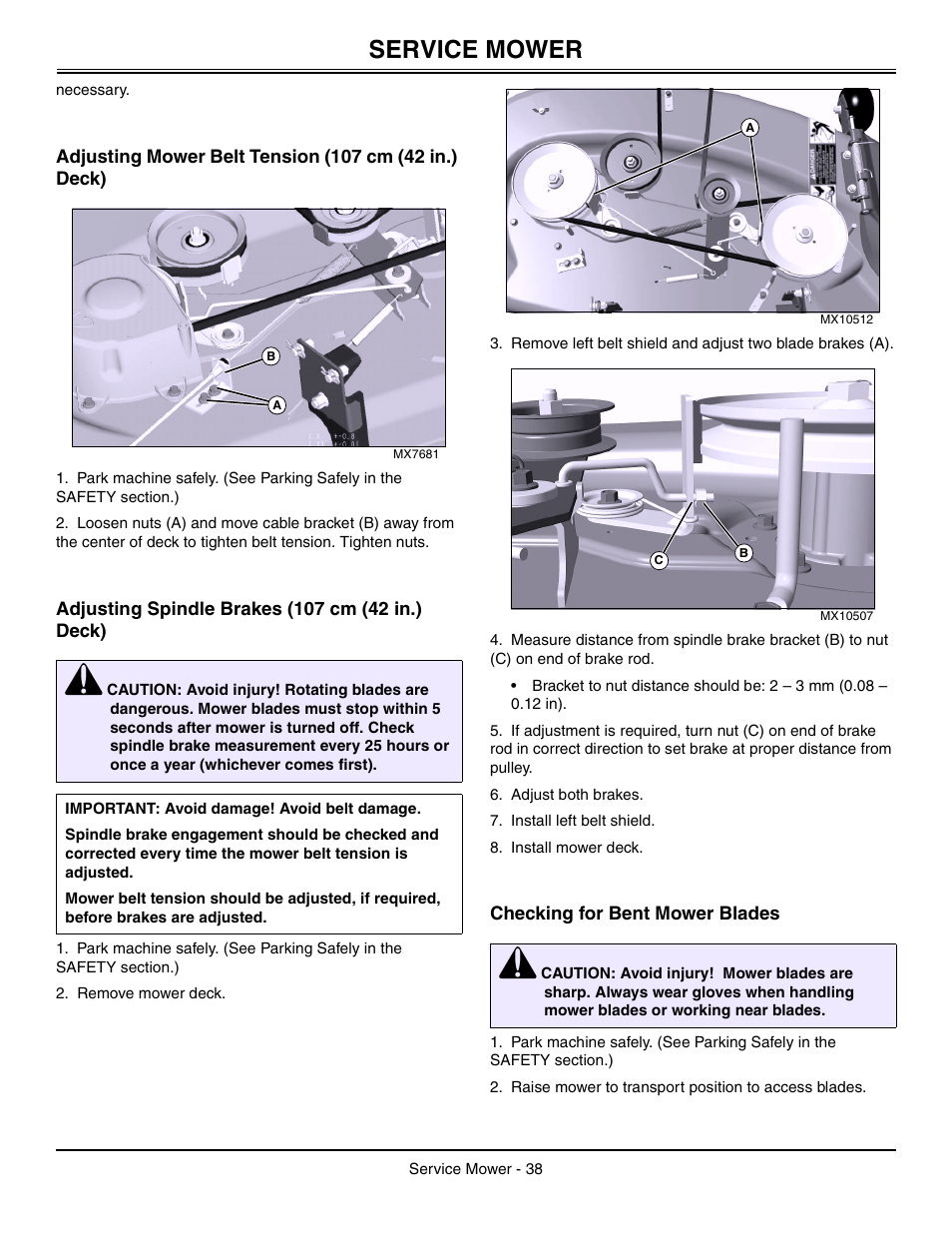 Adjusting spindle brakes (107 cm (42 in.) deck), Checking for bent mower blades, Service mower | Sabo 108-17 HS User Manual | Page 42 / 64
