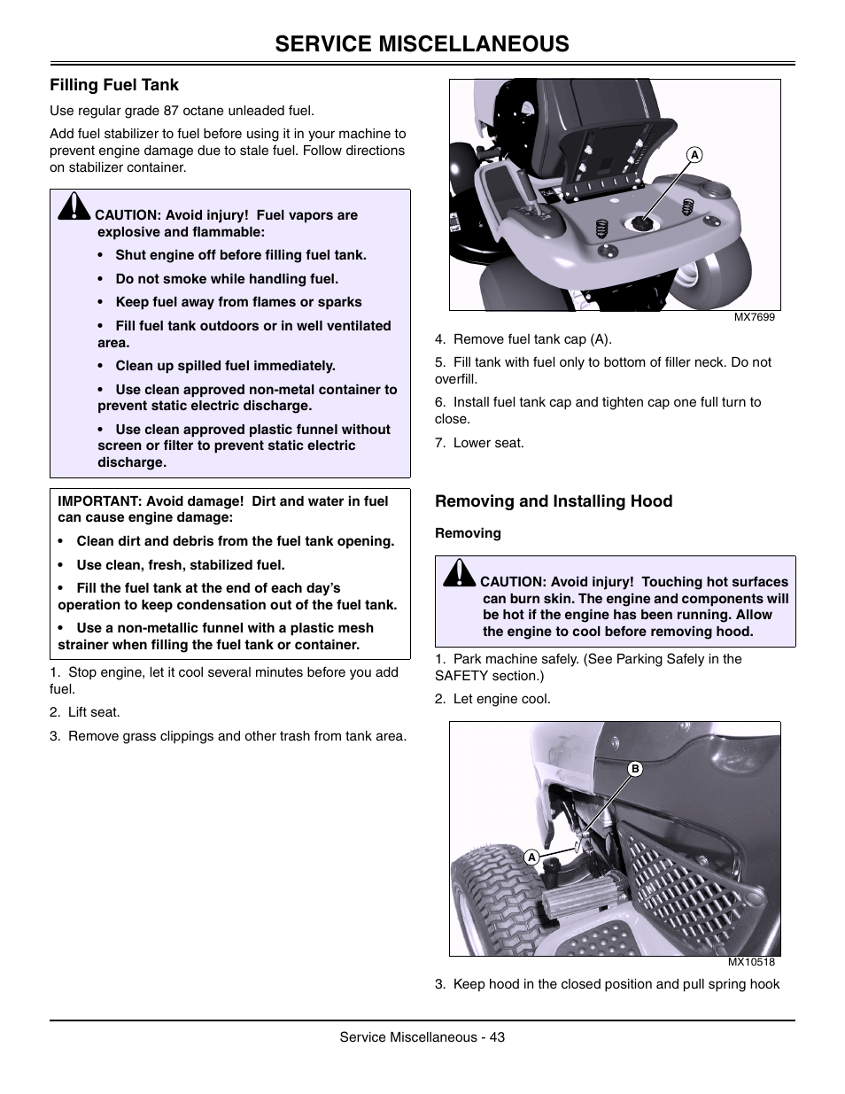 Service miscellaneous, Filling fuel tank, Removing and installing hood | Removing | Sabo 108-17 HS User Manual | Page 47 / 64