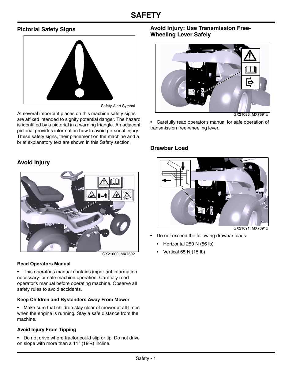 Safety, Pictorial safety signs, Avoid injury | Read operators manual, Keep children and bystanders away from mower, Avoid injury from tipping, Drawbar load | Sabo 108-17 HS User Manual | Page 5 / 64