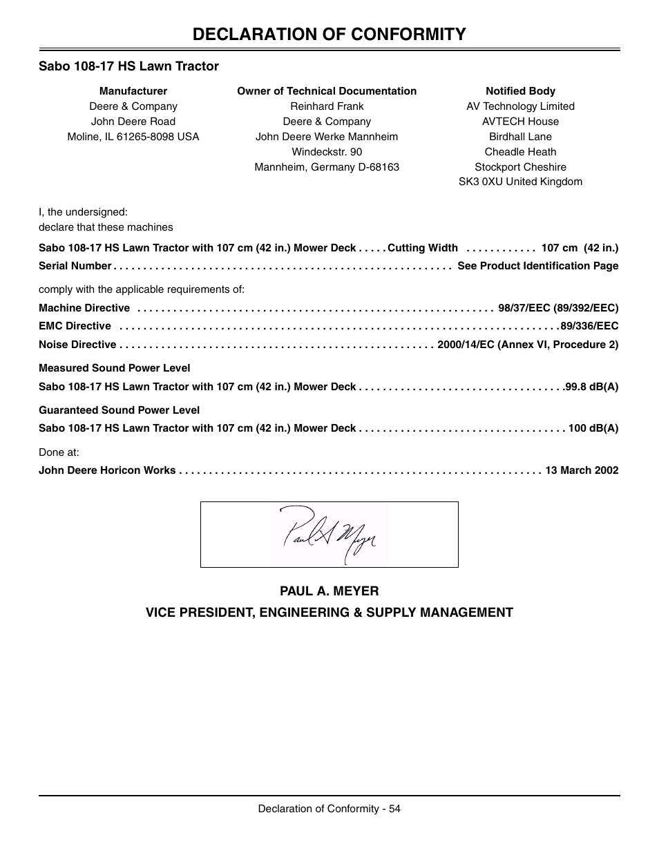 Declaration of conformity, Sabo 108-17 hs lawn tractor, Measured sound power level | Guaranteed sound power level | Sabo 108-17 HS User Manual | Page 58 / 64