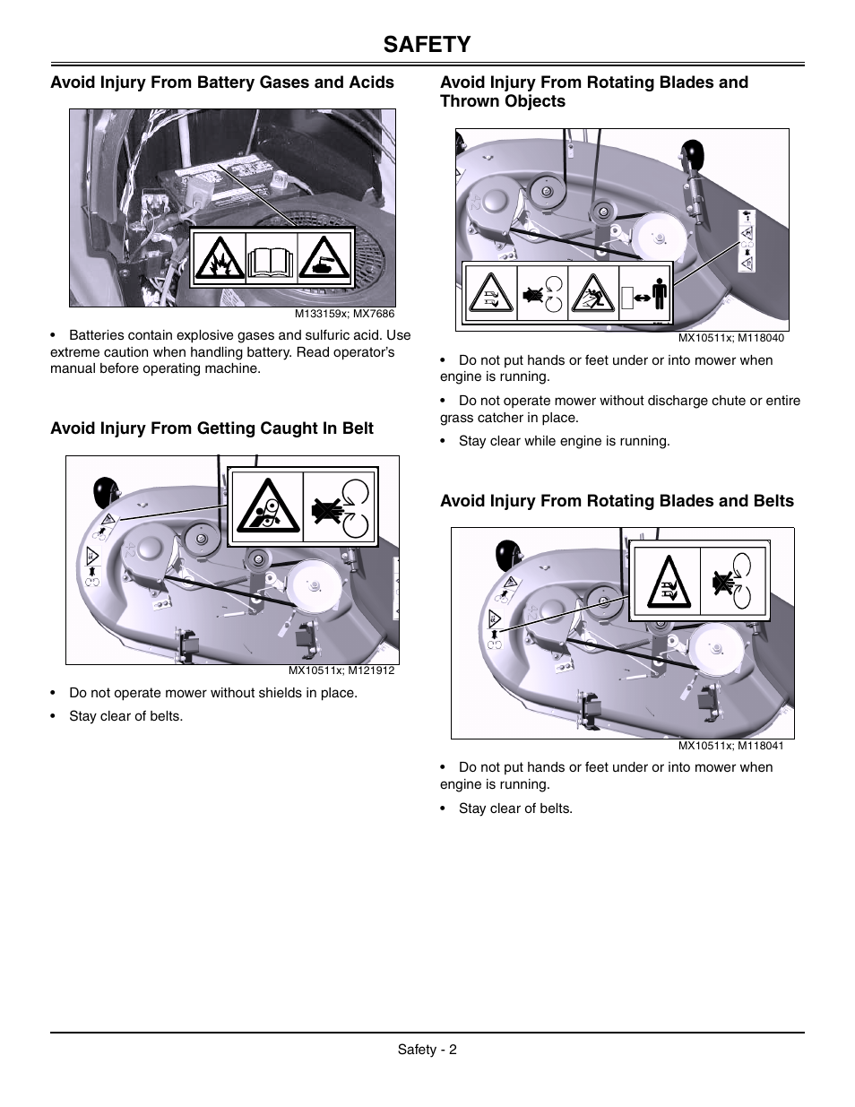 Avoid injury from battery gases and acids, Avoid injury from getting caught in belt, Avoid injury from rotating blades and belts | Safety | Sabo 108-17 HS User Manual | Page 6 / 64