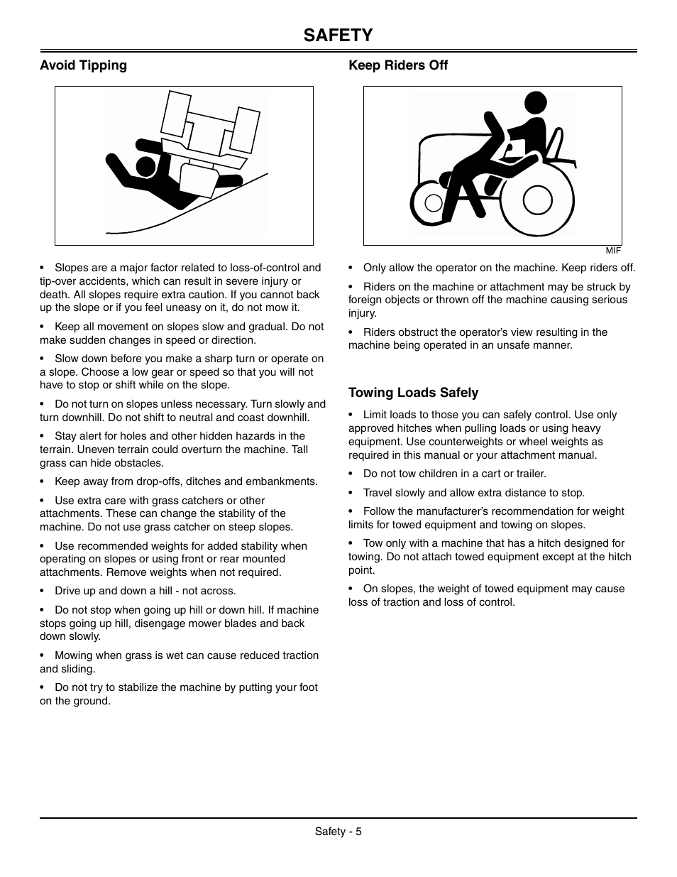 Avoid tipping, Keep riders off, Towing loads safely | Safety | Sabo 108-17 HS User Manual | Page 9 / 64