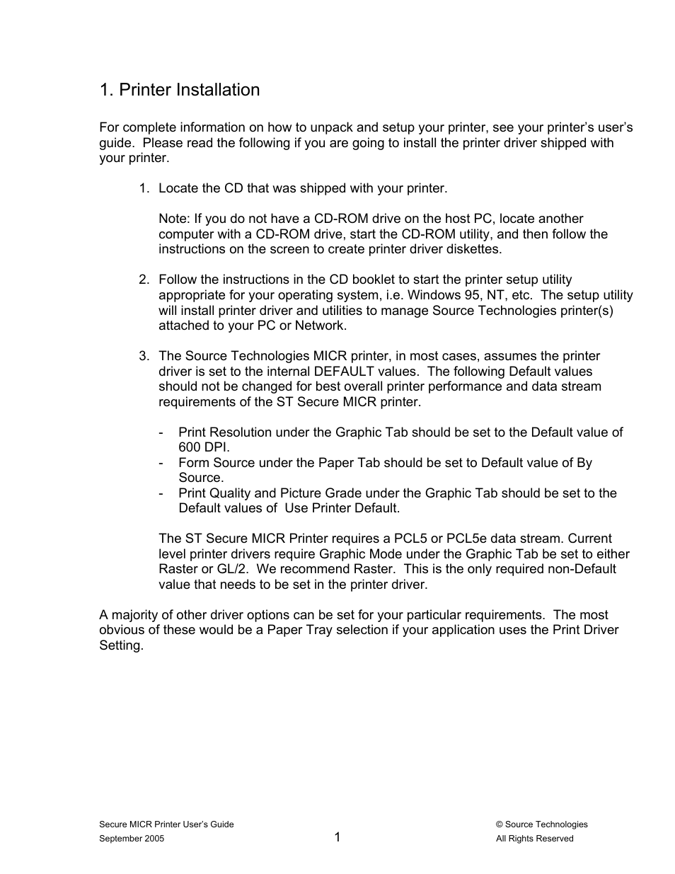 Printer installation | Source Technologies ST9530 User Manual | Page 5 / 70