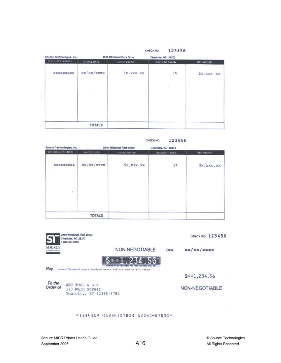 Figure 8.1 sample accounts payable check | Source Technologies ST9530 User Manual | Page 68 / 70